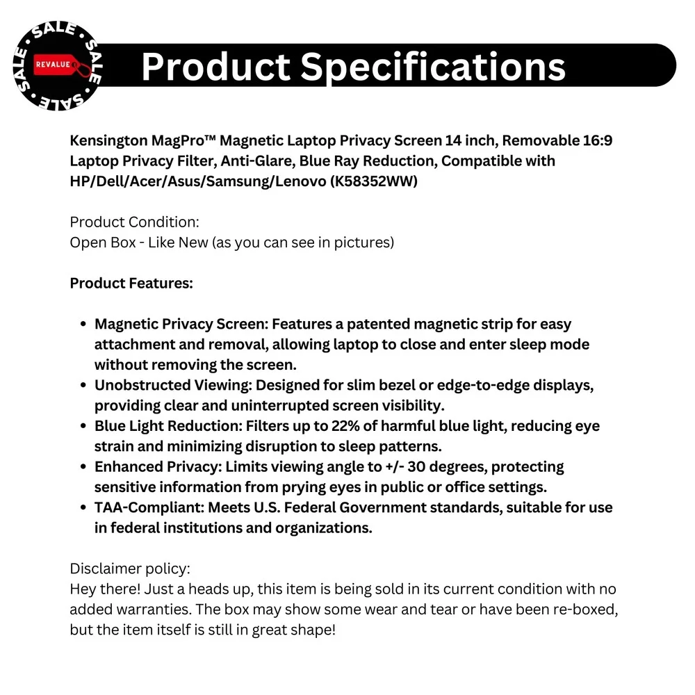 Kensington MagPro Magnetic Laptop Privacy‎ Screen 14